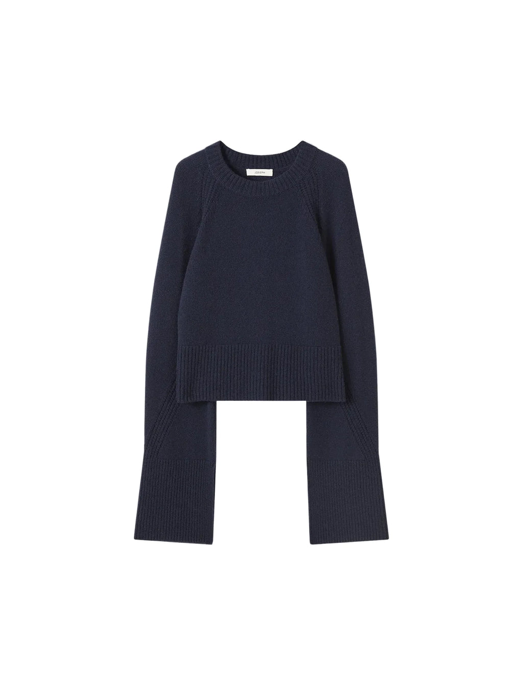 Navy blue sweater and pants set on a light gray background