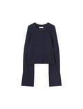Navy blue sweater and pants set on a light gray background