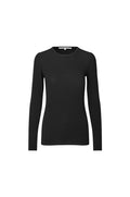 A black long-sleeve crewneck knit top displayed on a ghost mannequin against a plain white background.