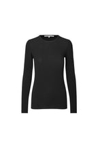 A black long-sleeve crewneck knit top displayed on a ghost mannequin against a plain white background.