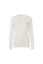 A long-sleeve crewneck knit top in off-white, displayed on a clean white background.