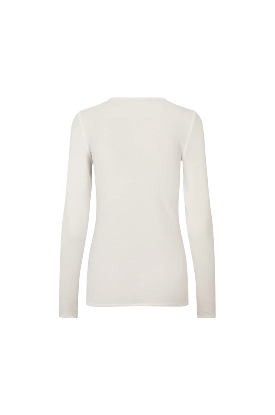 A long-sleeve crewneck top in a solid off-white color, shown from the back on a plain white background.