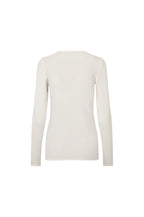 A long-sleeve crewneck top in a solid off-white color, shown from the back on a plain white background.