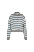 A cropped knit polo sweater with horizontal stripes in gray and light blue, featuring a short button placket and ribbed collar, cuffs, and hem.