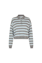 A cropped knit polo sweater with horizontal stripes in gray and light blue, featuring a short button placket and ribbed collar, cuffs, and hem.