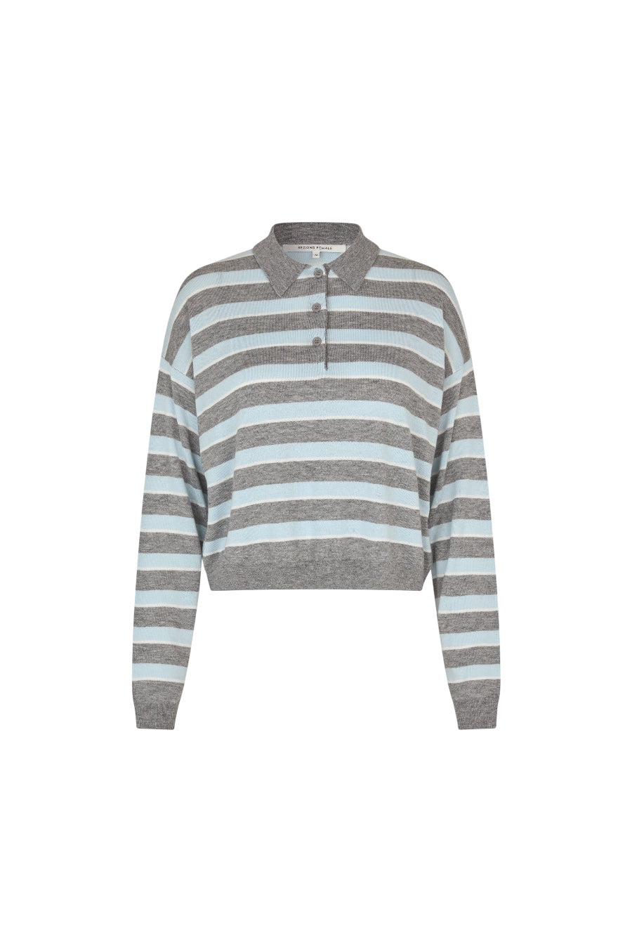 A cropped knit polo sweater with horizontal stripes in gray and light blue, featuring a short button placket and ribbed collar, cuffs, and hem.