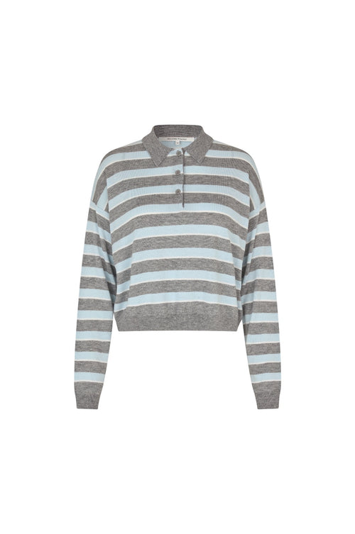 A cropped knit polo sweater with horizontal stripes in gray and light blue, featuring a short button placket and ribbed collar, cuffs, and hem.