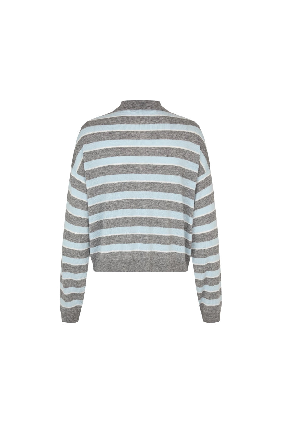 A cropped knit sweater with horizontal gray and light blue stripes, shown from the back on a plain white background.