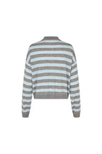 A cropped knit sweater with horizontal gray and light blue stripes, shown from the back on a plain white background.