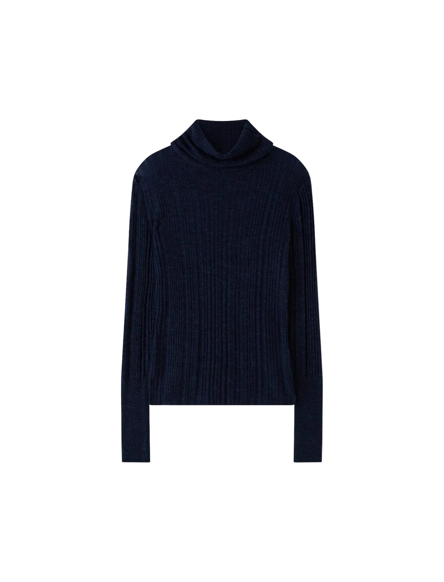 Navy blue ribbed turtleneck sweater on a light gray background