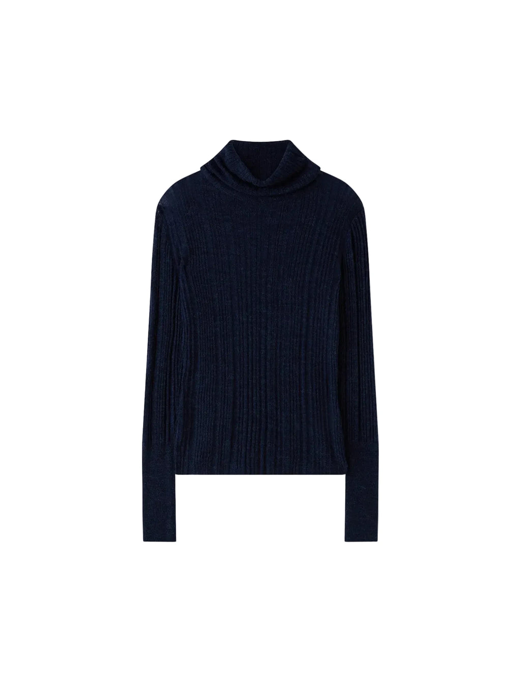 Navy blue ribbed turtleneck sweater on a light gray background