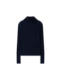 Navy blue ribbed turtleneck sweater on a light gray background