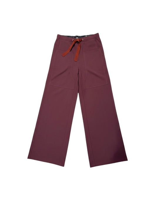 Maroon pants with a red drawstring on a white background