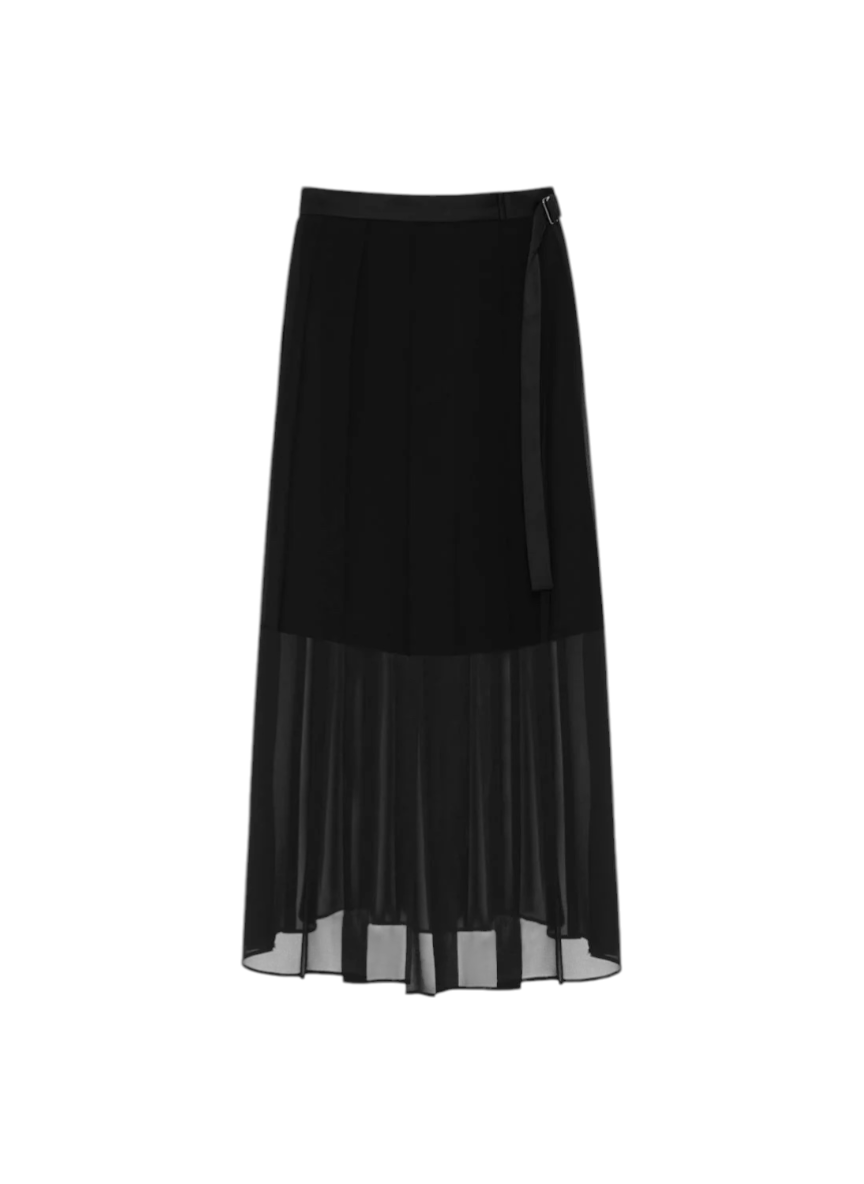 nebula Beatrice b Black skirt with sheer overlay on a white background