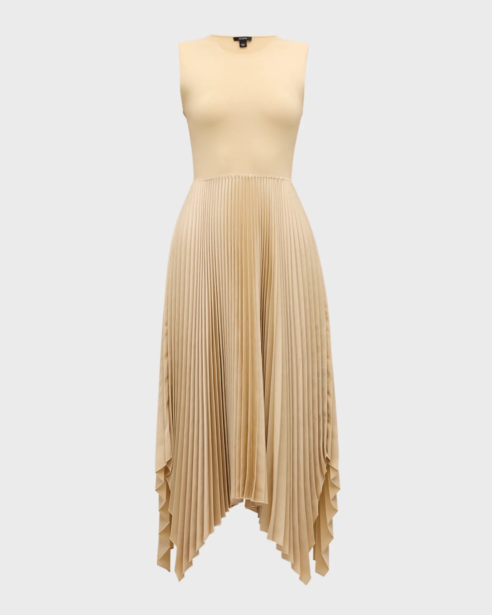 A sleeveless, mid-length pleated skirt dress in a beige color with ribbed knit details and a round neckline.
