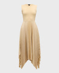 A sleeveless, mid-length pleated skirt dress in a beige color with ribbed knit details and a round neckline.