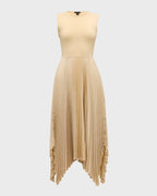 A sleeveless, mid-length pleated skirt dress in a beige color with ribbed knit details and a round neckline.