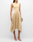 A sleeveless, mid-length, ribbed knit A-line knitted panels dress in a safari color, featuring a round neck and pleated skirt with an asymmetric hem.