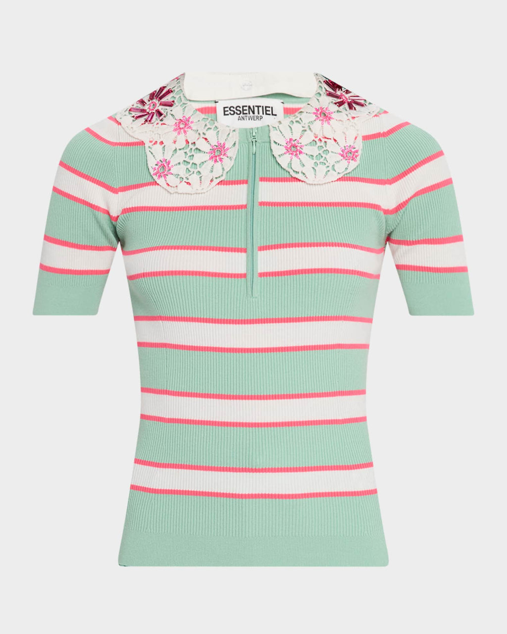 Green and pink striped shirt with floral collar on a white background