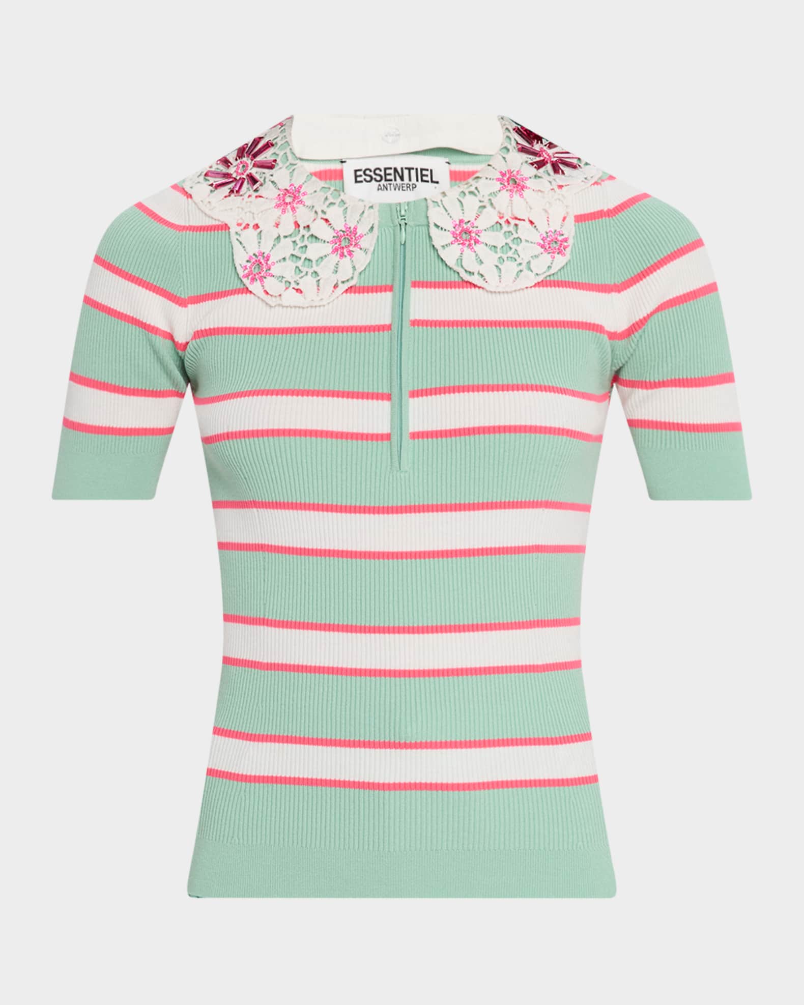Green and pink striped shirt with floral collar on a white background