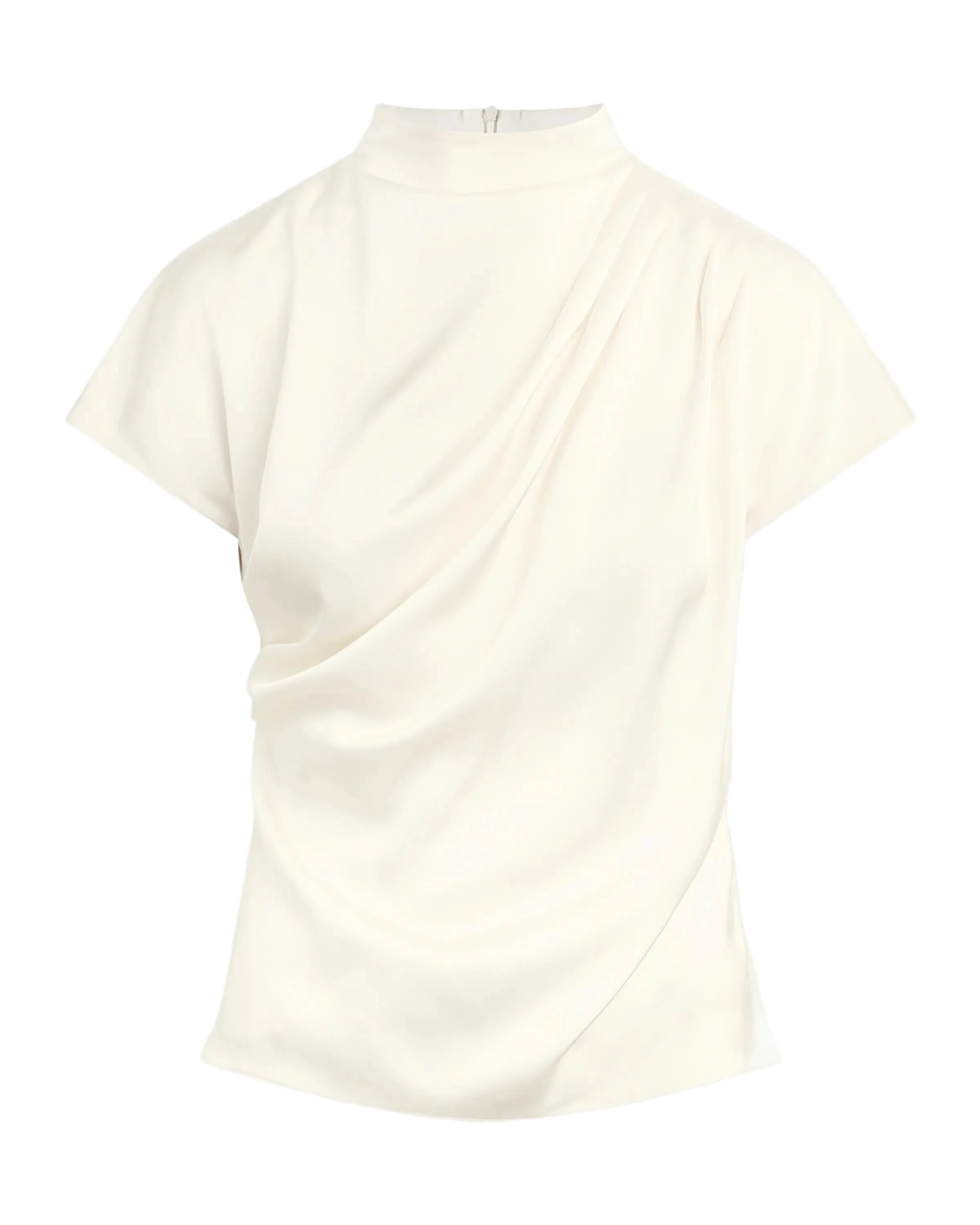 ivory top with draped design on a light gray background