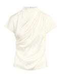 ivory top with draped design on a light gray background