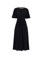 A black midi-length dress with short flutter sleeves, a keyhole neckline accented with a row of sparkling rhinestones, and a gathered ruched waist, shown against a plain white background.