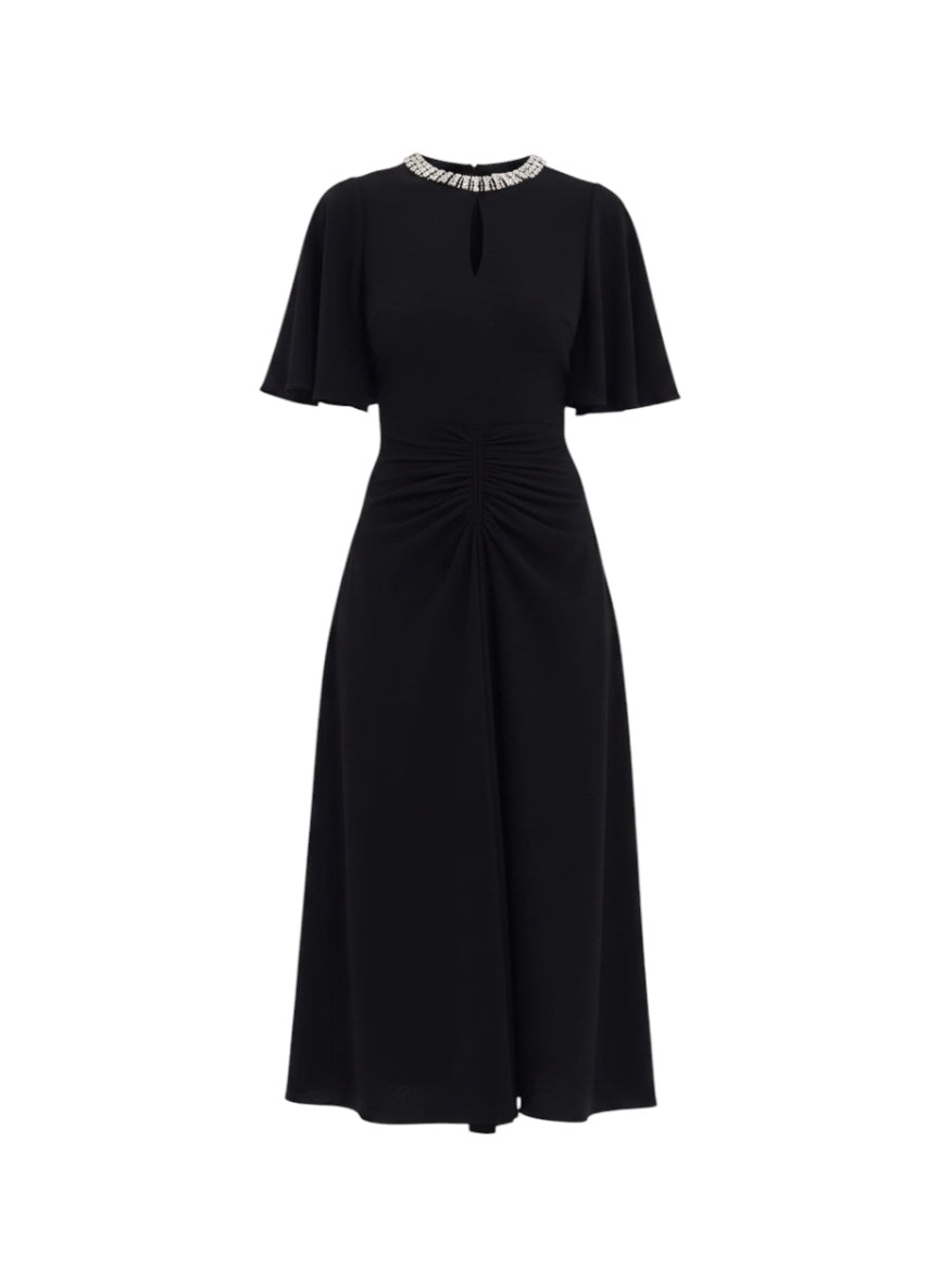 A black midi-length dress with short flutter sleeves, a keyhole neckline accented with a row of sparkling rhinestones, and a gathered ruched waist, shown against a plain white background.