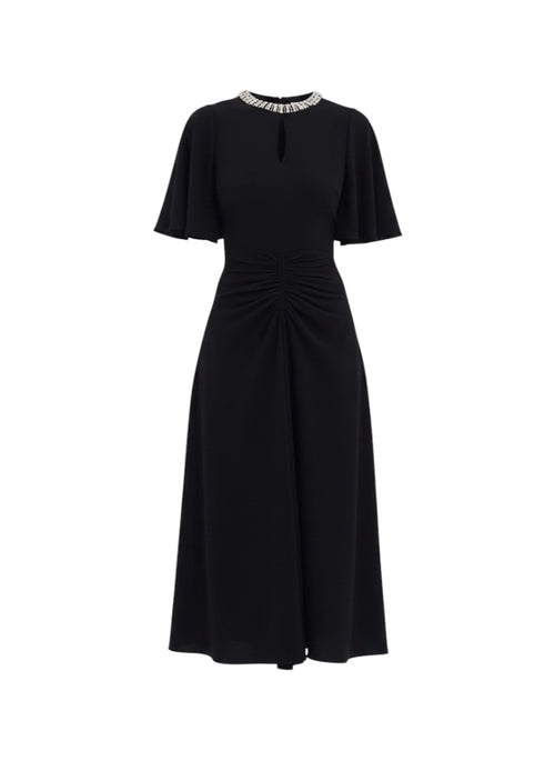 A black midi-length dress with short flutter sleeves, a keyhole neckline accented with a row of sparkling rhinestones, and a gathered ruched waist, shown against a plain white background.