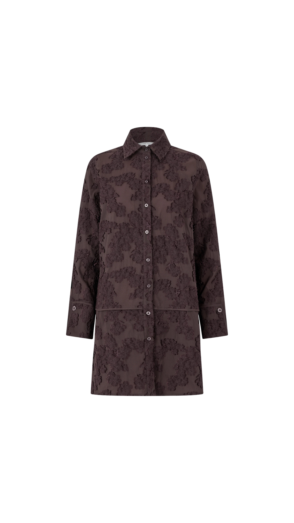 Dark brown coat with floral pattern on a white background