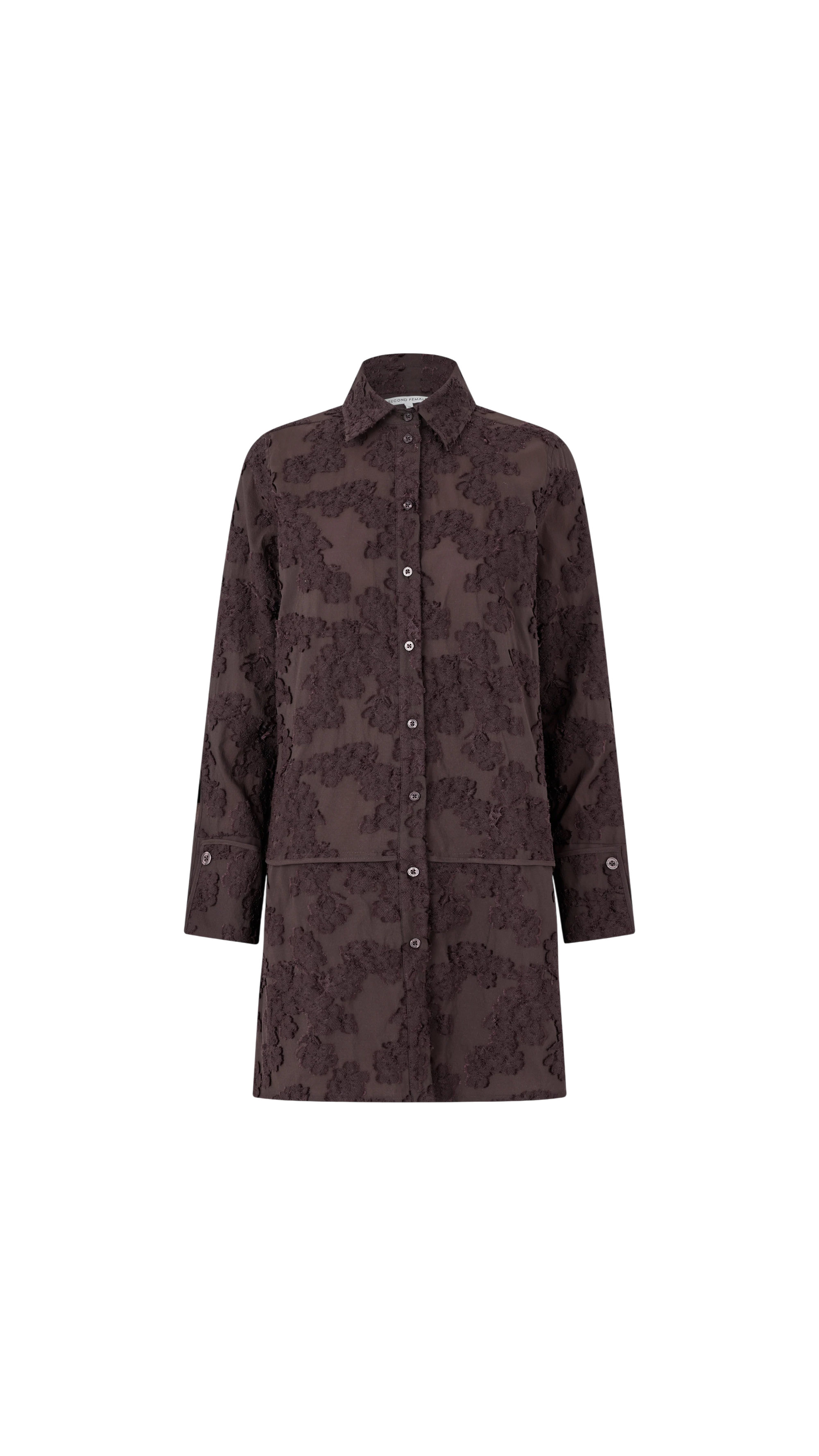 Dark brown coat with floral pattern on a white background
