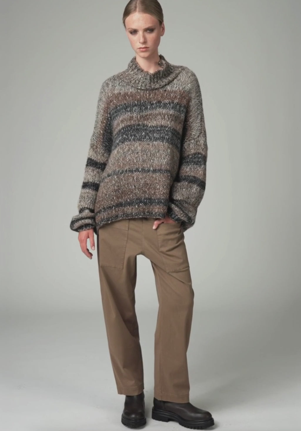 High-necked oversize knit with dropped shoulder in alpaca blend