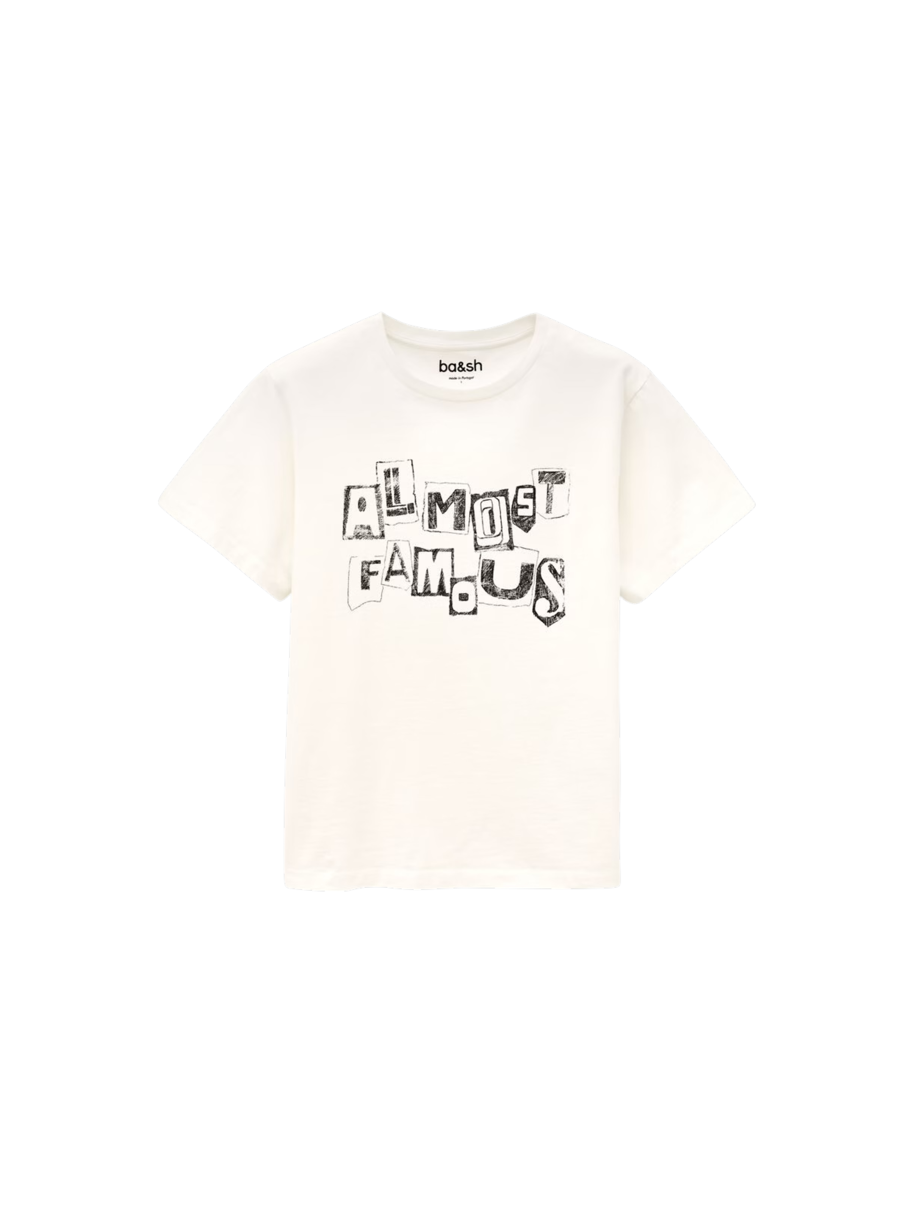 White t-shirt with 'ALMOST FAMOUS' text on a white background, ralfa t-shirt ba&sh