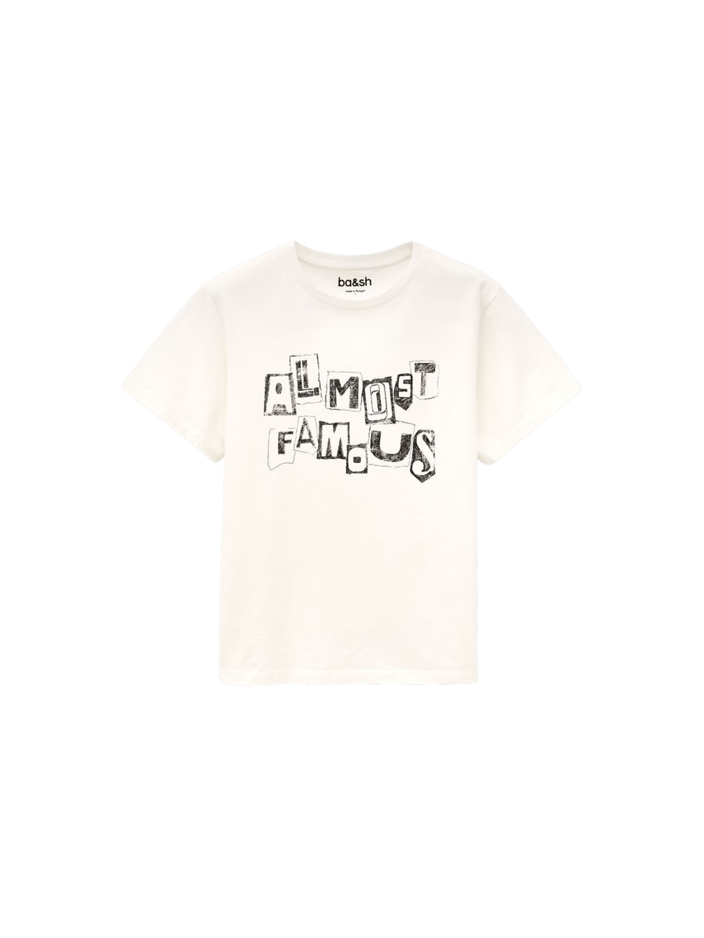 White t-shirt with 'ALMOST FAMOUS' text on a white background, ralfa t-shirt ba&sh
