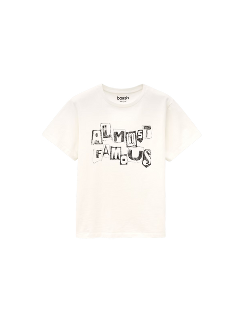 White t-shirt with 'ALMOST FAMOUS' text on a white background, ralfa t-shirt ba&sh