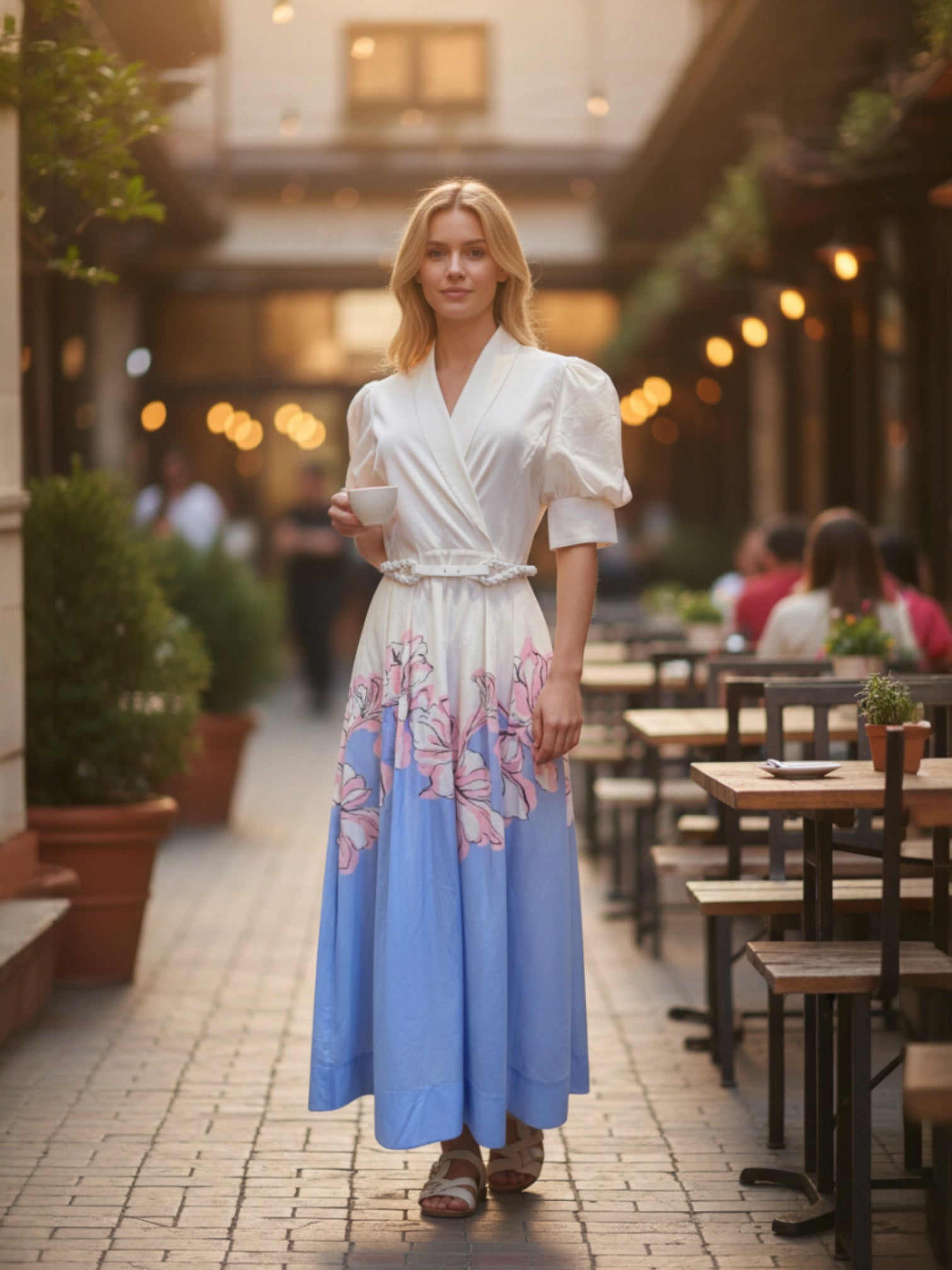 Woman in a white blouse and blue floral skirt standing in an outdoor cafe setting.