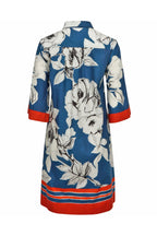 Floral dress with blue background and red accents on a white background