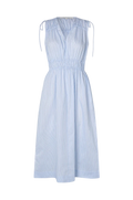 A light blue and white vertically striped sleeveless midi dress with a smocked waist, tie-shoulder neckline, and a V-neckline, shown against a plain white background.