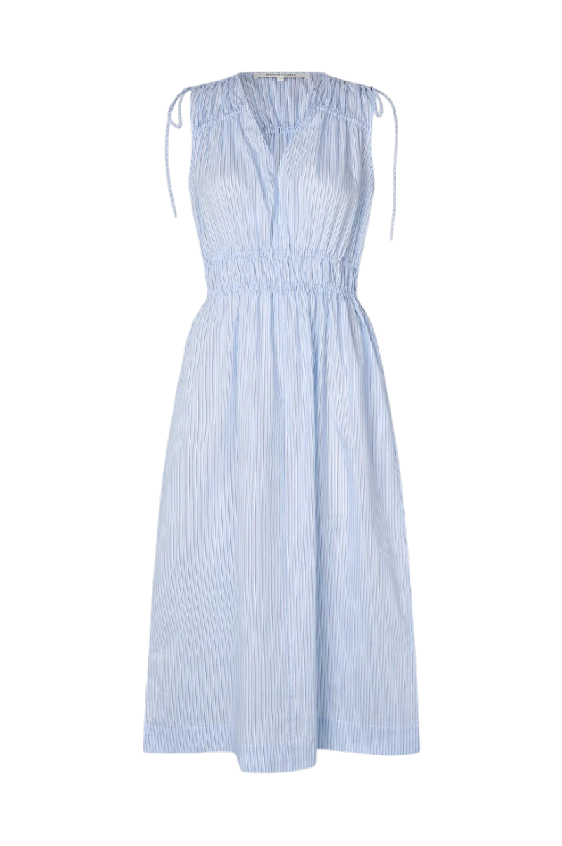 A light blue and white vertically striped sleeveless midi dress with a smocked waist, tie-shoulder neckline, and a V-neckline, shown against a plain white background.