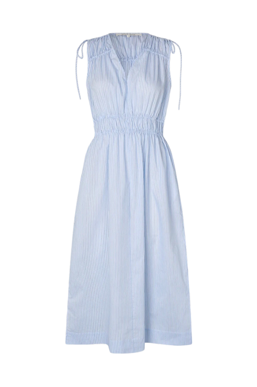A light blue and white vertically striped sleeveless midi dress with a smocked waist, tie-shoulder neckline, and a V-neckline, shown against a plain white background.