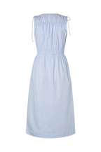 A light blue and white vertically striped sleeveless dress with a smocked bodice, tie straps at the shoulders, and a gathered skirt, shown against a plain white background.