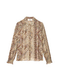 A long-sleeve button-up shirt with a detailed paisley pattern in beige, brown, and muted blue, laid flat against a white background.