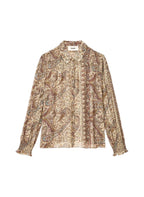 A long-sleeve button-up shirt with a detailed paisley pattern in beige, brown, and muted blue, laid flat against a white background.