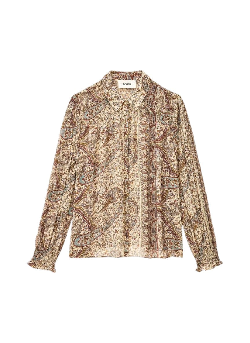 A long-sleeve button-up shirt with a detailed paisley pattern in beige, brown, and muted blue, laid flat against a white background.