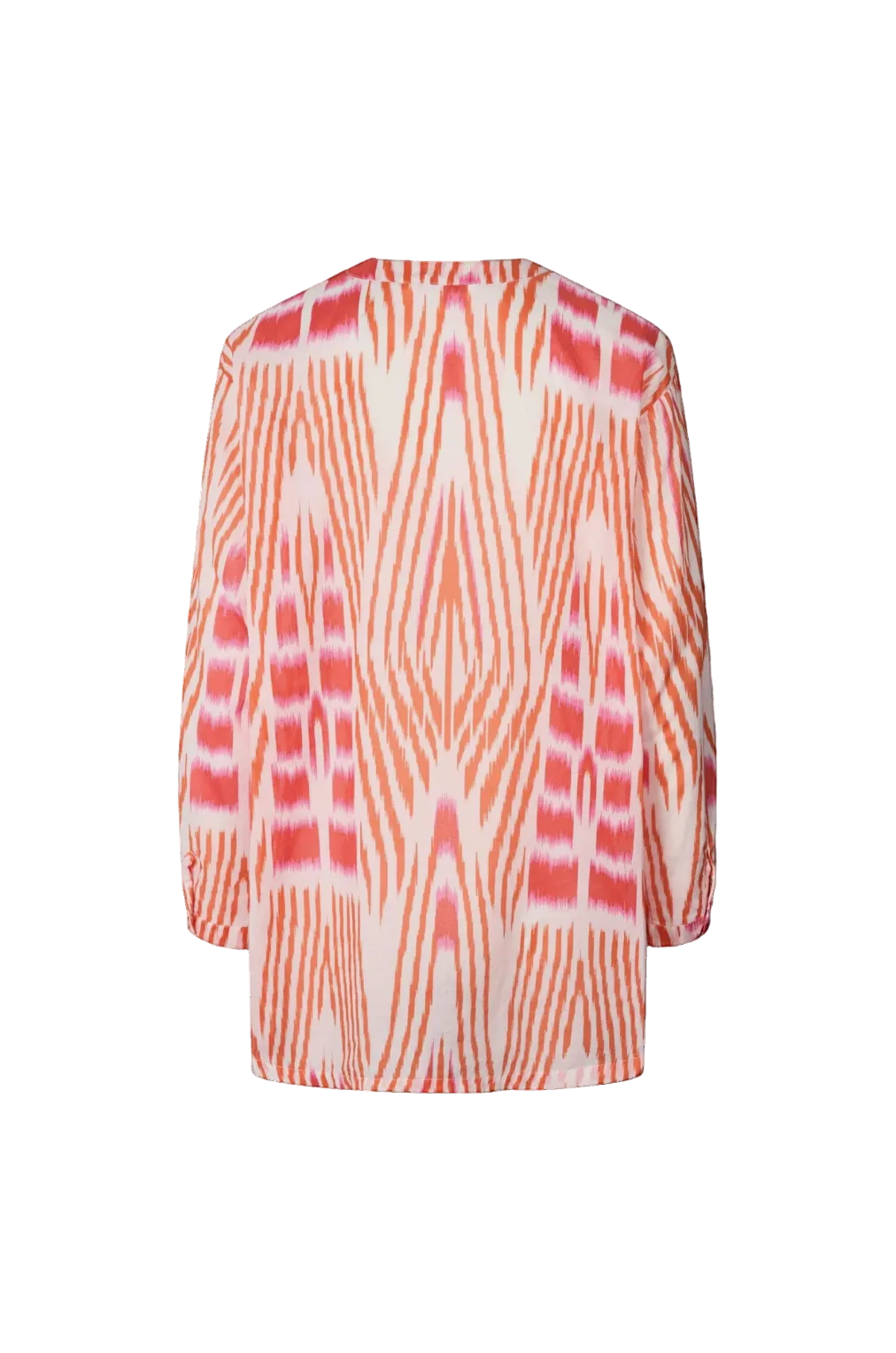 A long-sleeve blouse with a vibrant coral pink and orange ikat-style pattern on a white background, shown from the back.