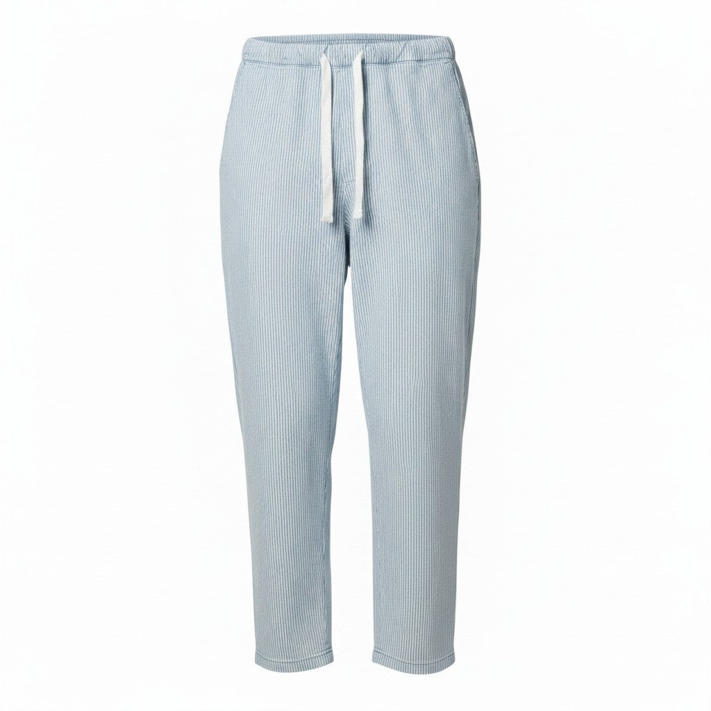 Light blue ribbed knit lounge pants with a white drawstring, shown on a plain white background.