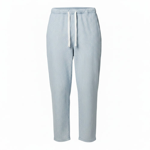 Light blue ribbed knit lounge pants with a white drawstring, shown on a plain white background.
