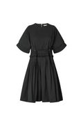 A black short-sleeve dress with a gathered waist and flared skirt, shown against a plain white background.