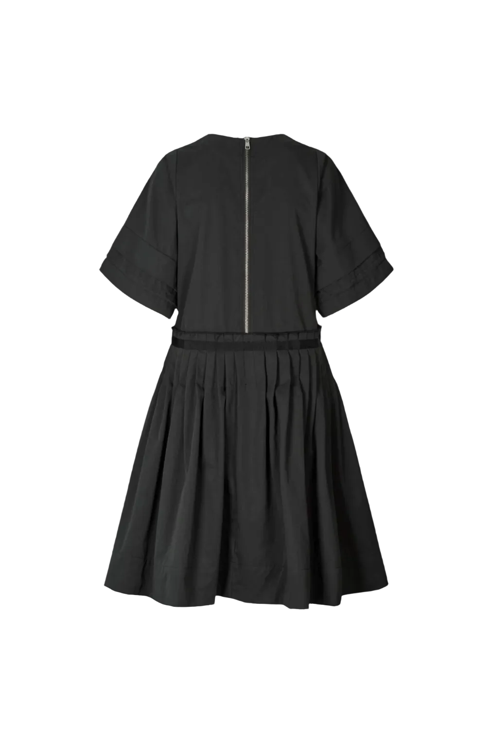 A black short-sleeve dress shown from the back, featuring a central silver zipper and a gathered waistband, displayed on a solid white background.