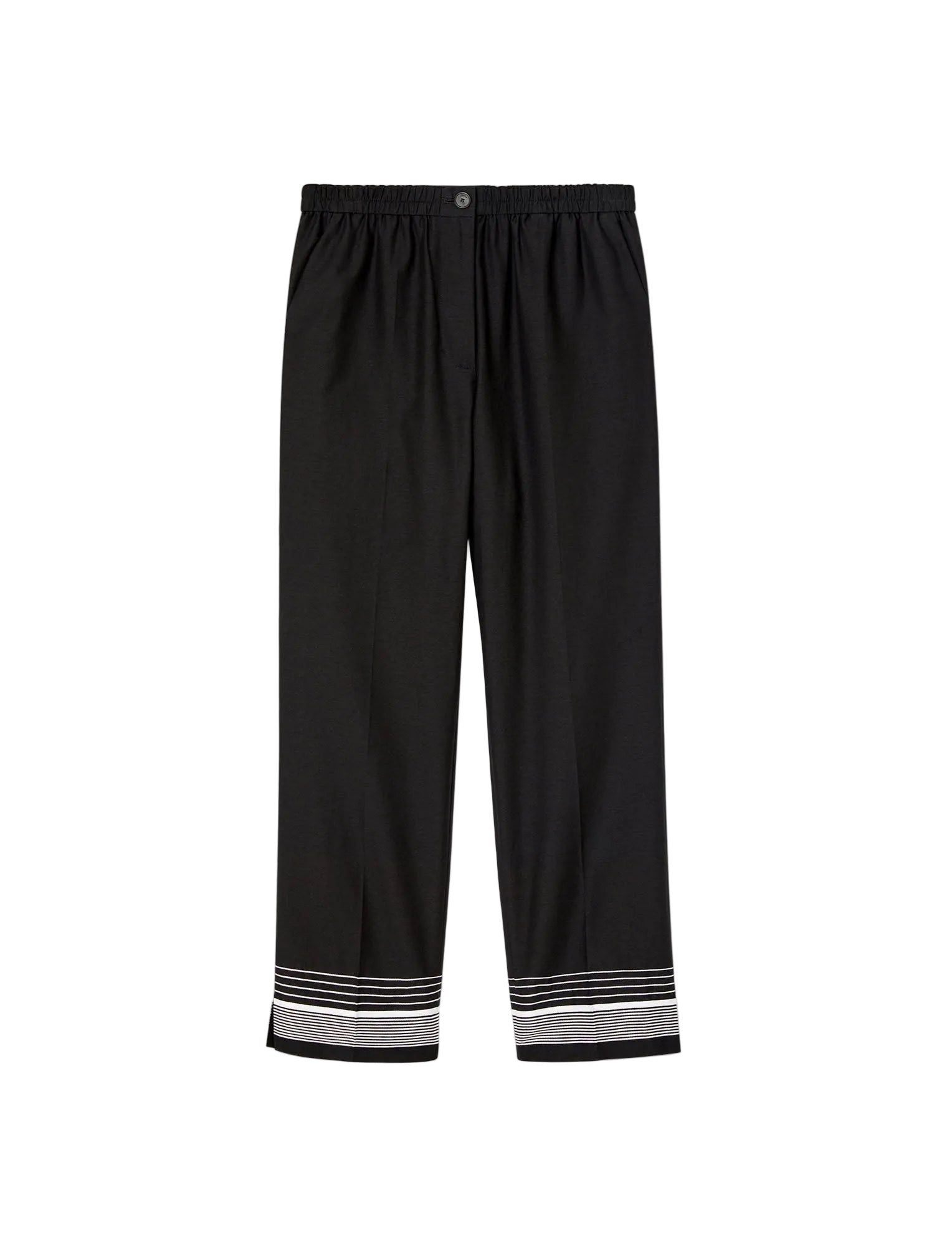 Black pants with striped cuffs on a light gray background